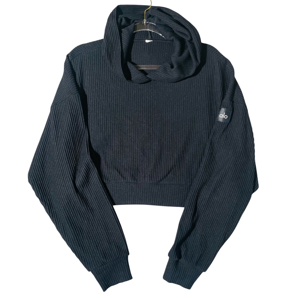 Alo Yoga Womens Muse Hoodie Ribbed M Black Rib Knit Athleisure Pullover